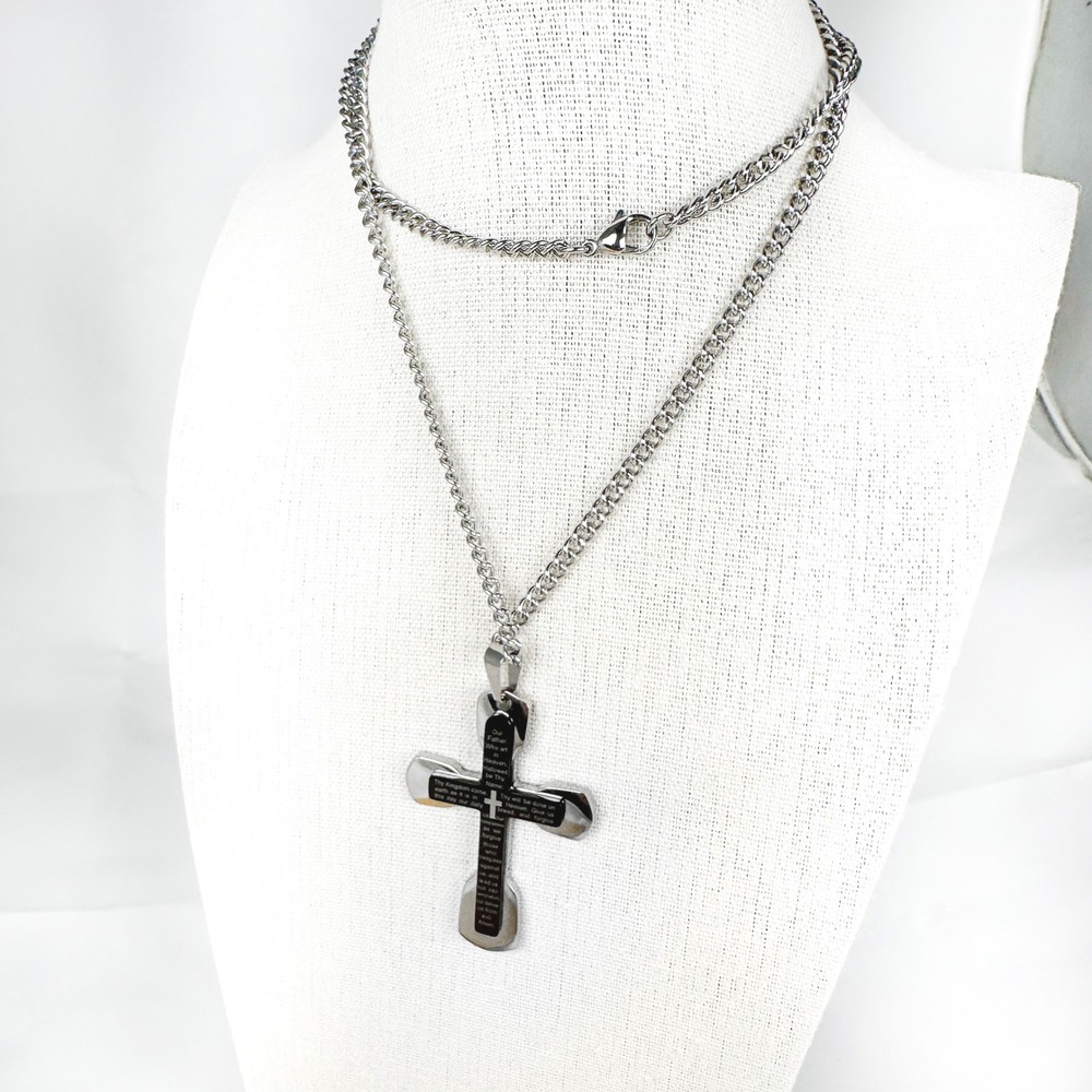 Vintage Avon Lord's Prayer Cross Pendant Necklace 23 in Chain Silver Tone Signed